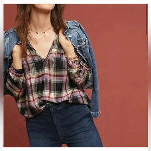 Cloth & Stone by Anthropologie Charlie Plaid Ruffle Neck Flannel Top - Small